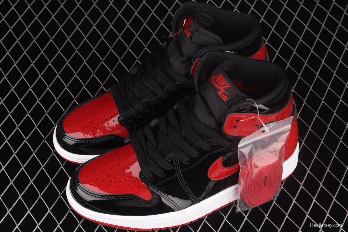 Air Jordan 1 High OG Bred Patent lacquered leather black and red high top basketball shoes 575441-063