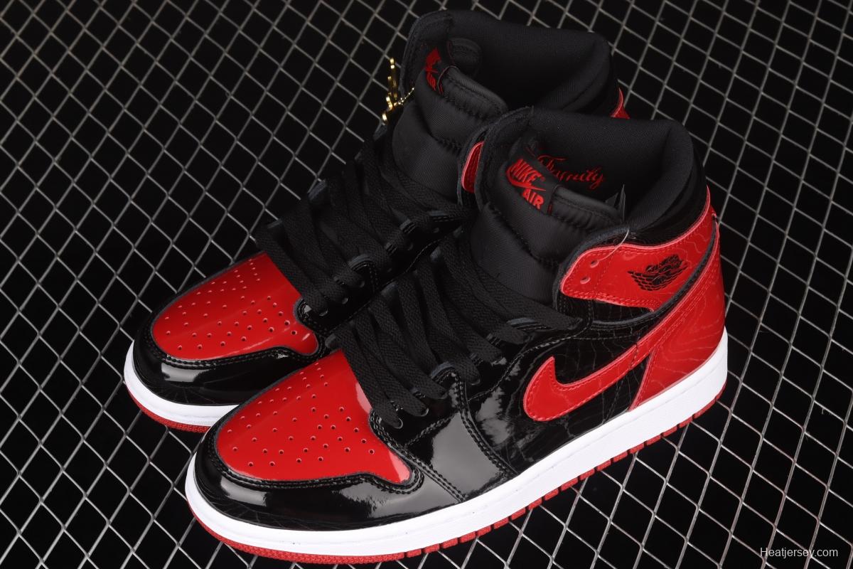 Air Jordan 1 High OG Bred Patent lacquered leather black and red high top basketball shoes 555088-063