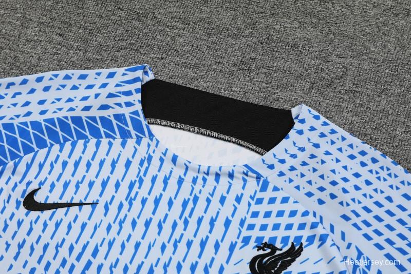 23-24 Liverpool White/Blue Grid Short Sleeve+Shorts