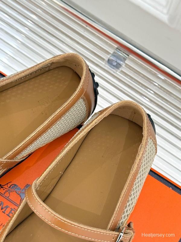 2025 Women Hermès Beige Mesh Leather Mary Jane