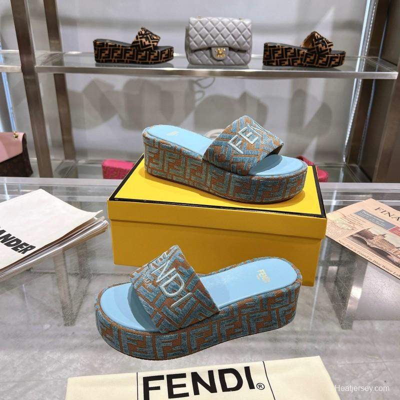 2025 Slippers Fendi Blue Brown Canvas FF Jacquard Platform FJ00321