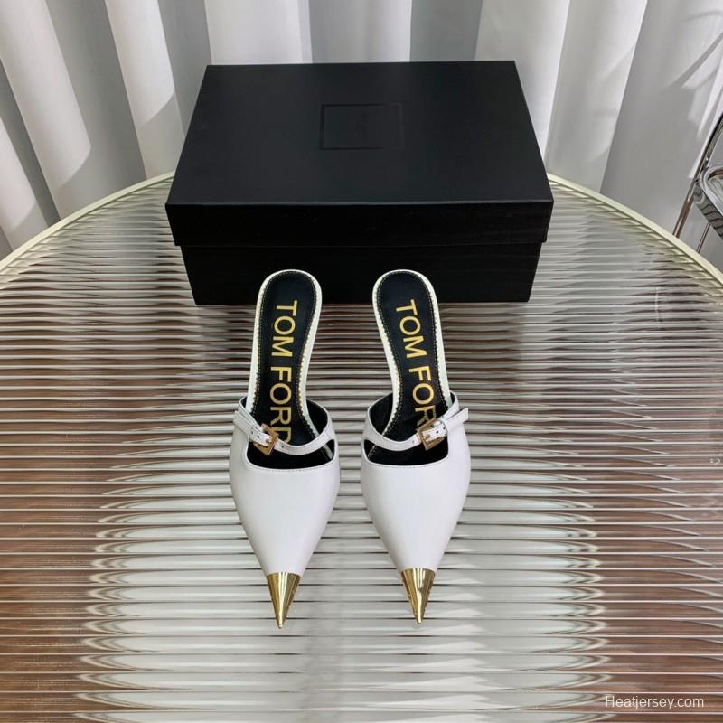 2025 Women TOM FORD White Gold Leather Pointed Toe Mules